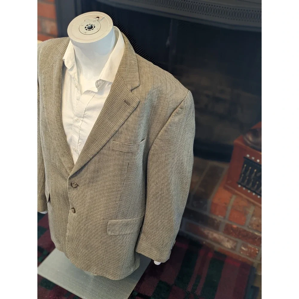 46R Lauren Ralph Lauren‎  Brown Black Tan Tooth 100% SILK Jacket Blazer Coat